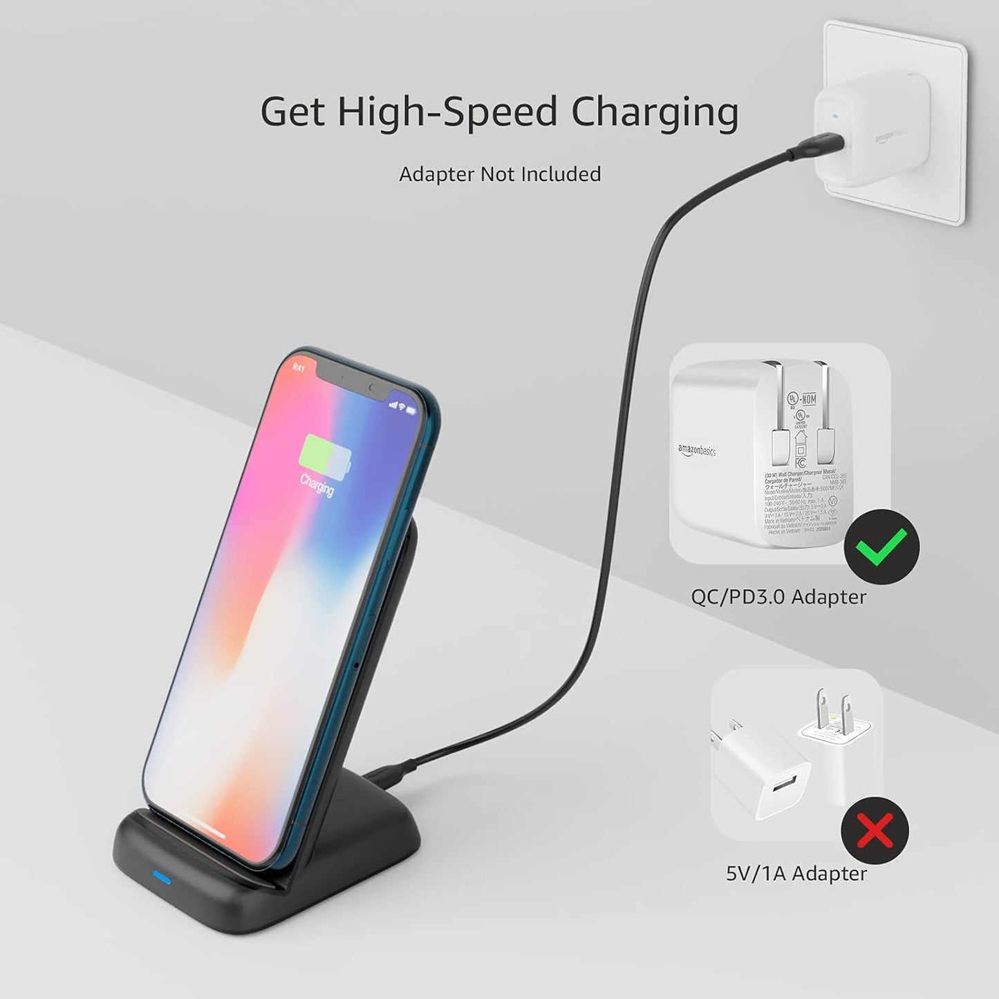 Amazon Basics Wireless Phone Charger Stand, 10W Qi Certified with USB Cable, Compatible with iPhone 16/15/14/13/12/11/X, Samsung & More, with USB Cable, Black (No AC Adapter)