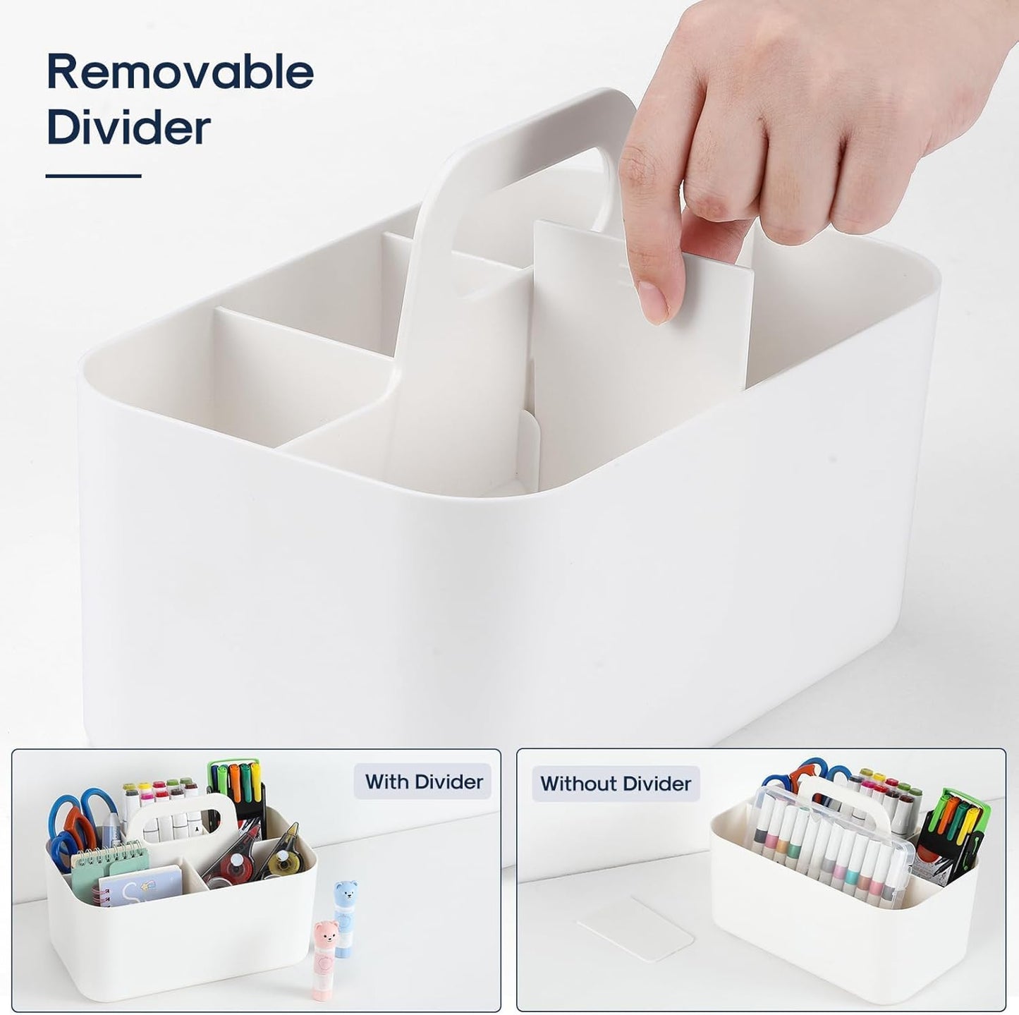 Multiuse Caddy Organizer with Handle, Portable Divided Plastic Tote Bin - Art Craft, Stationary Pen Marker Crayons, Makeup Hair Supplies Storage - Bathroom, Classroom, Dorm, Office, Desk Holder -White