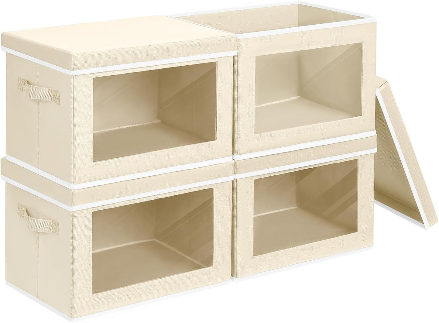 Homsorout Storage Bins with Lids - Fabric Closet Storage Bins with Window, Collapsible Baskets for Shelves 4 Pack, Home Decorative Boxes for Clothes, Closet, Office, Beige