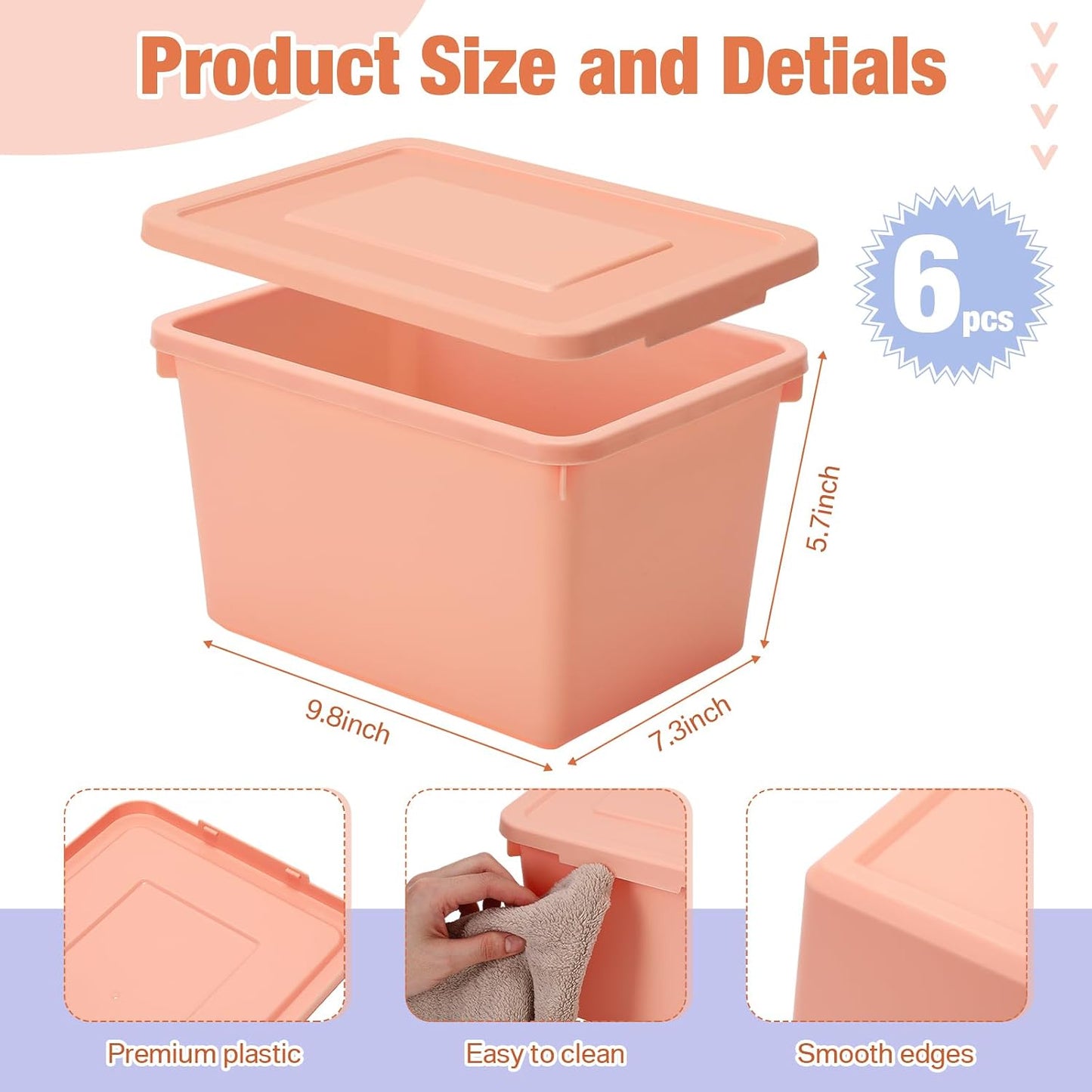 Potchen 6 Pack Small Stackable Storage Bins with Lids Plastic Storage Boxes for Classroom 9.8" ×7.3" ×5.7" Decorative Organizer Bins for Craft Art Office Teacher Supplies (Pink,Purple,Orange)