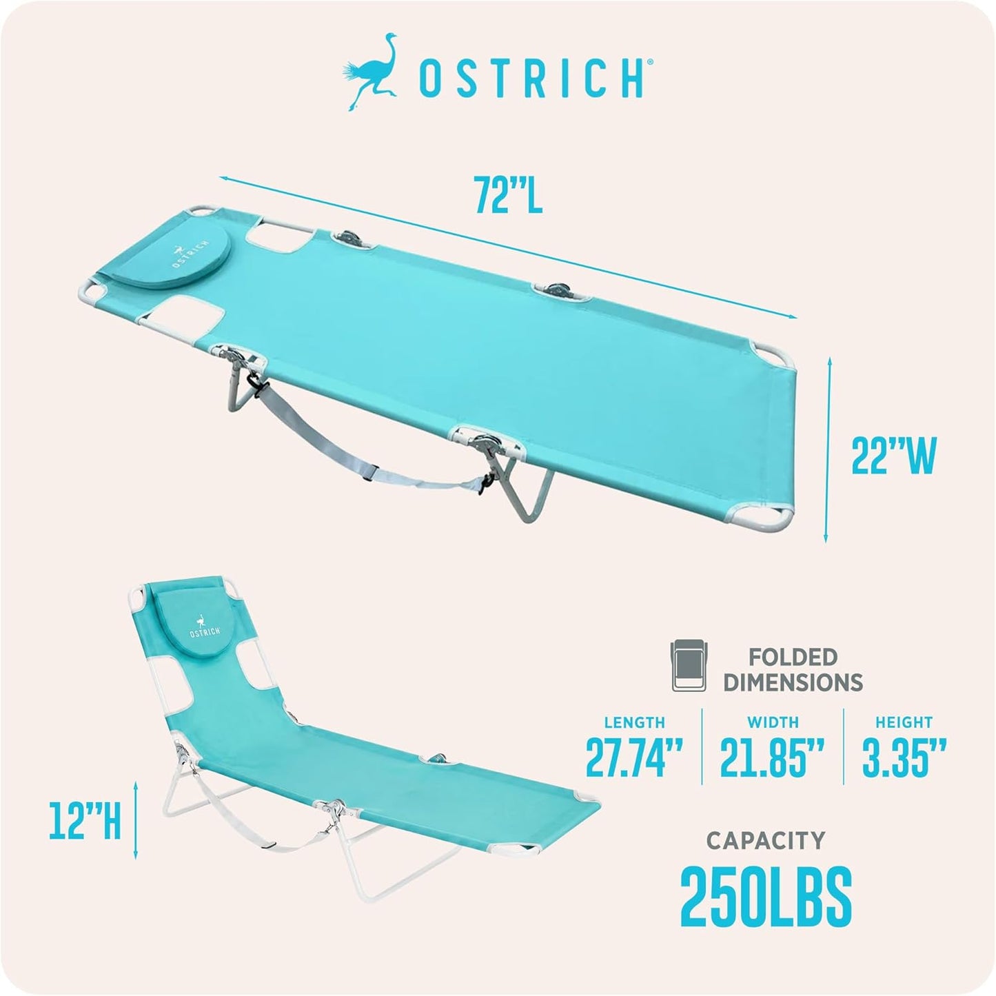 Ostrich the Original Chaise 72 x 22 Inch Lounge Portable Reclining Lounger, Outdoor Patio, Beach, Lawn, Camping, or Pool Tanning Chair, Aqua