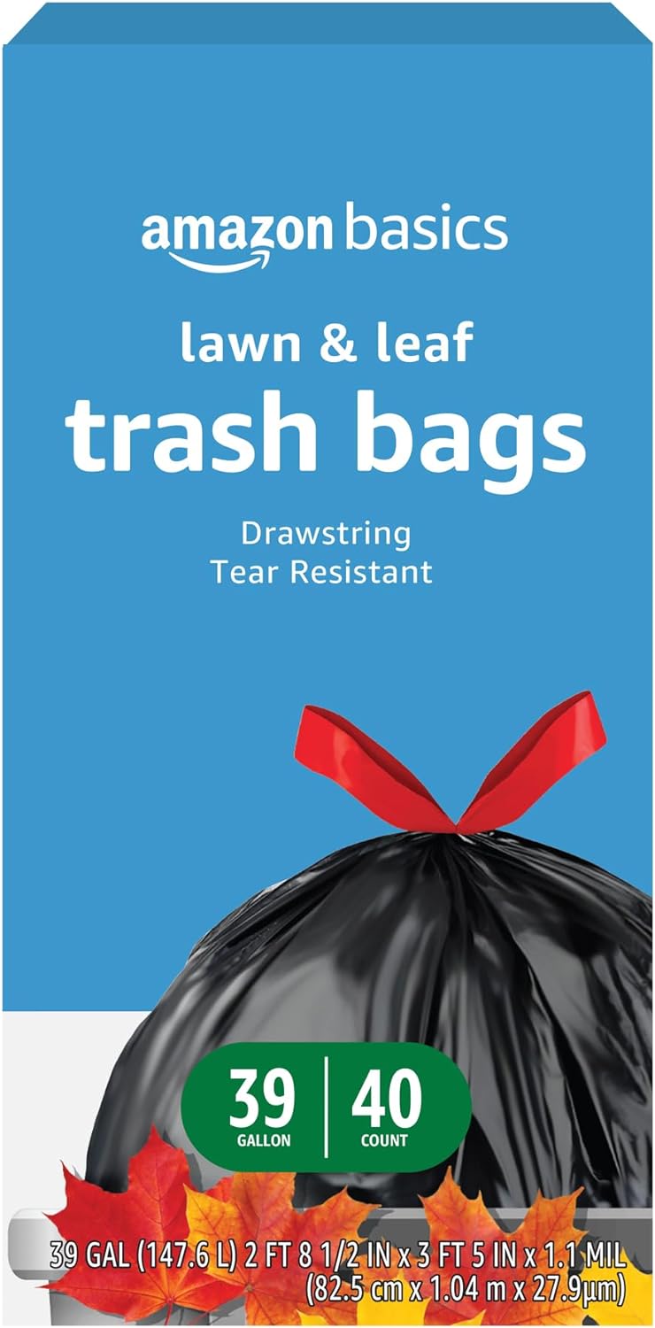 Amazon Basics Lawn & Leaf Drawstring Trash Bags, 39 Gallon, 40 Count, Black, Unscented