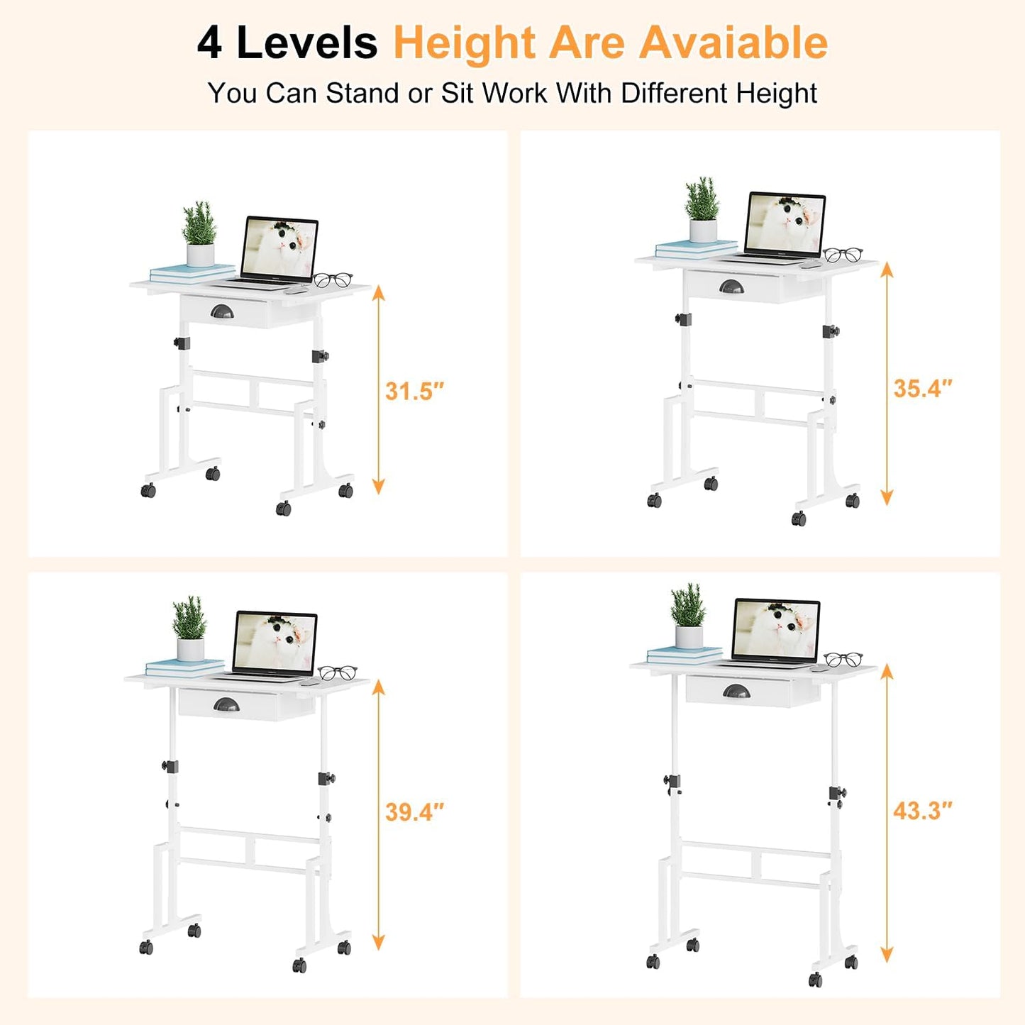 Cidaziya Adjustable Height Standing Desk for Walking Pad Treadmill, Portable Rolling Desk for Laptop with Drawer, Small Moblie Sit to Stand Desk On Wheels with Stiffener for Home Office Dorm Bedroom