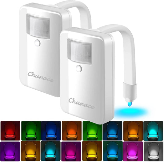 Chunace 2 Pack Toilet Night Light Motion Sensor, 16-Color LED Toilet Bowl Nightlight for Bathroom, Useful Stuff for Senior Safety & Toddler Potty Training, Unique Gift for Dad, Men