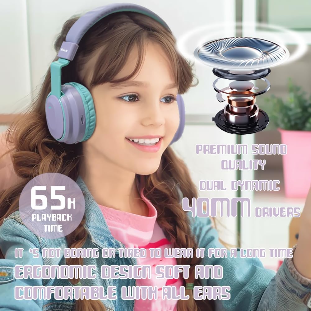 Mokata Kids Headphones Bluetooth 5.3 Wireless Lightweight Fast Charging 68 Hours Play Time Volume Limited 85/94dB Over Ear Foldable with Built-in Mic for Toddler Tablet Pad Light Purple