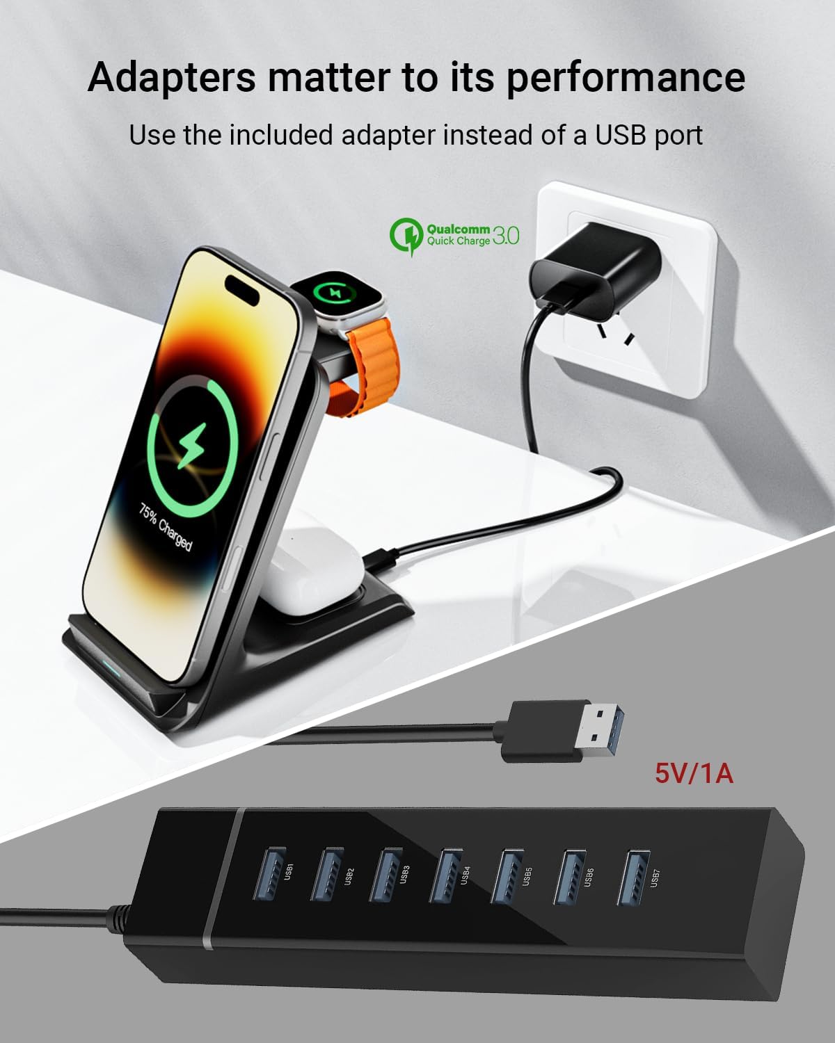 Eazpower Wireless Charger for Thick Cases of 10MM/Otterbox/Heavy Duty, 3 in 1 Charging Dock for iPhone 17 16 15 14 Pro Max, Phone Stand Charging Station for Multiple Devices for Apple Watch/AirPods