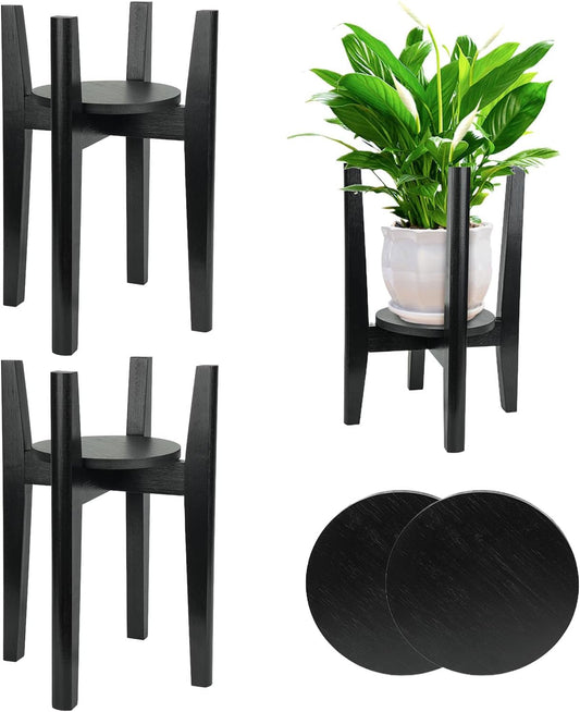 2 Packs Adjustable Plant Stand with Tray,Indoor Wood Plant Stand Fit 8'' to 12'' Planter,Mid Century Modern Flower Pot Holder Rack(Plant and Pot Not Included) Black