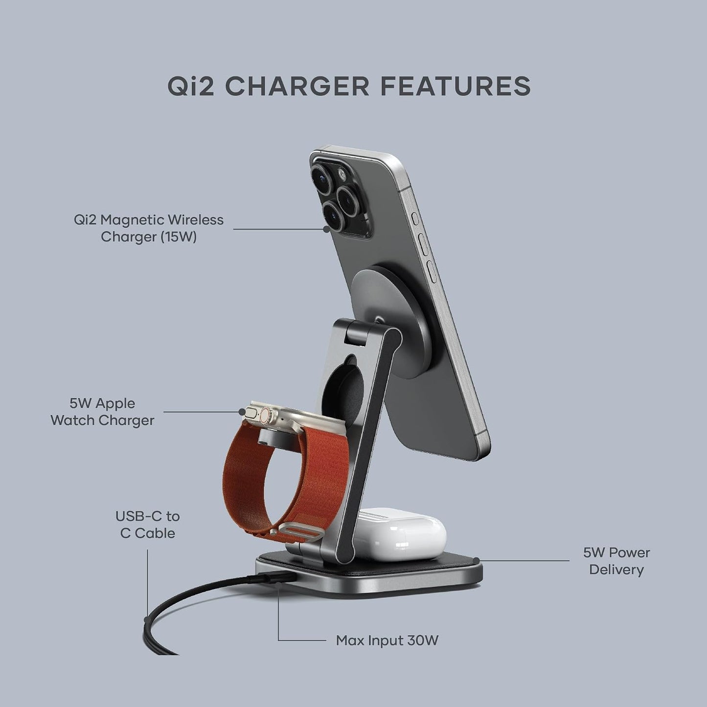Satechi 3-in-1 Qi2 Wireless Charging Station, 15W Magnetic Charging | Foldable travel design, fits iPhone 12-17, AirPods Pro, Apple Watch