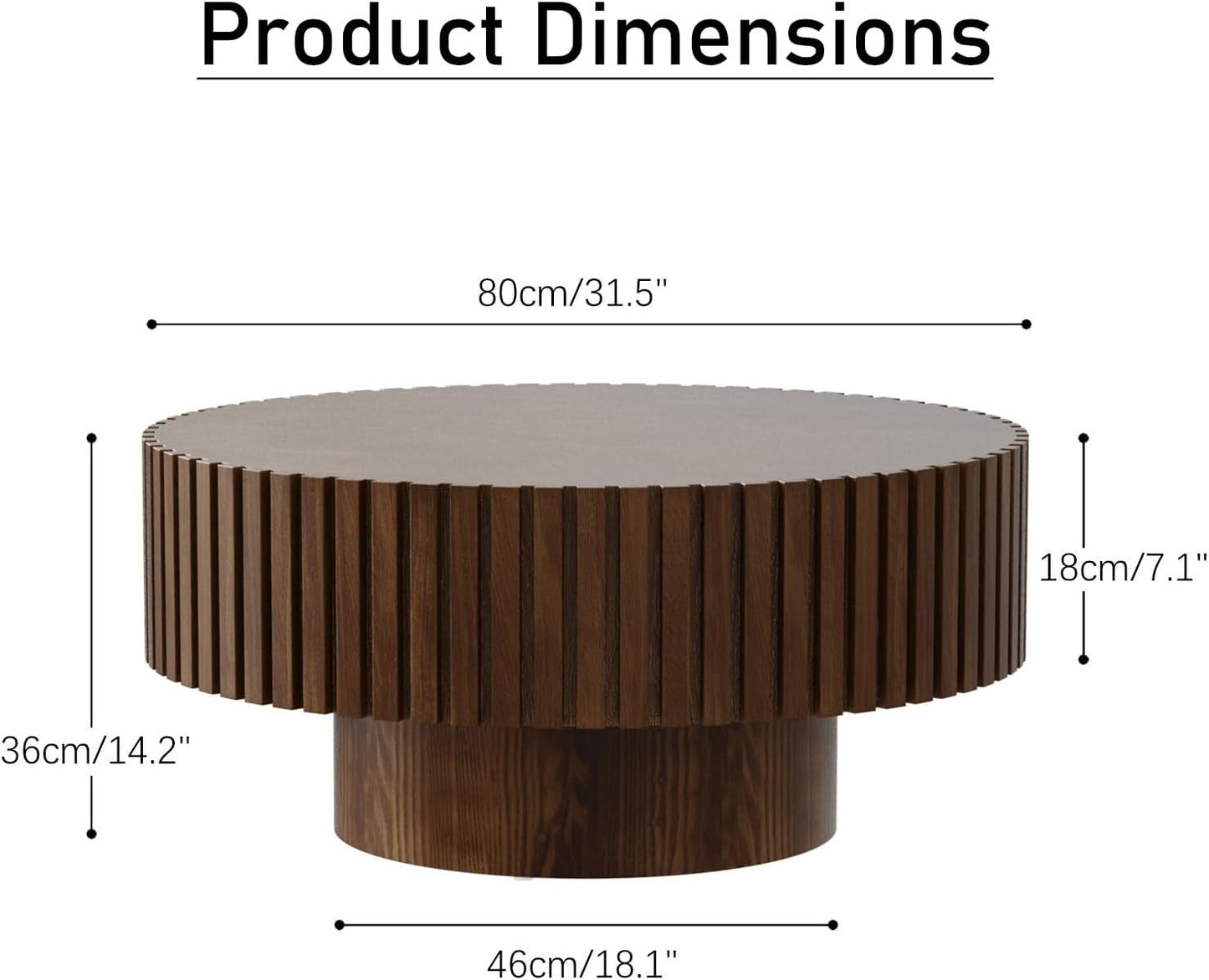 31.5'' Round Coffee Table (Round Brown) | Modern Handcraft Drum Coffee Table, Unique Fluted, Wood Center Table, For Small Space, Farmhouse Apartment Office