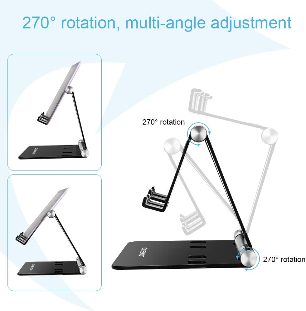 aceyoon Adjustable Tablet Stand, iPad/Cell Phone Holder for Desk, Aluminum Alloy Stand Holder for 2 Phones or a Tablet/Kindle, Sturdy Dual Stands, Foldable and Portable, Black