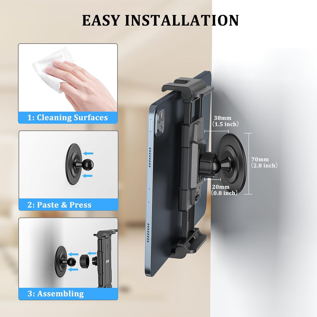 OHLPRO Tablet Wall Mount Holder for iPad, 360° Adjustable Swivel No-Drill 3M Adhesive Stand for Kitchen Compatible with 5-13 Inch Smartphones iPads Samsung Tab Fire HD Kindle & More Devices