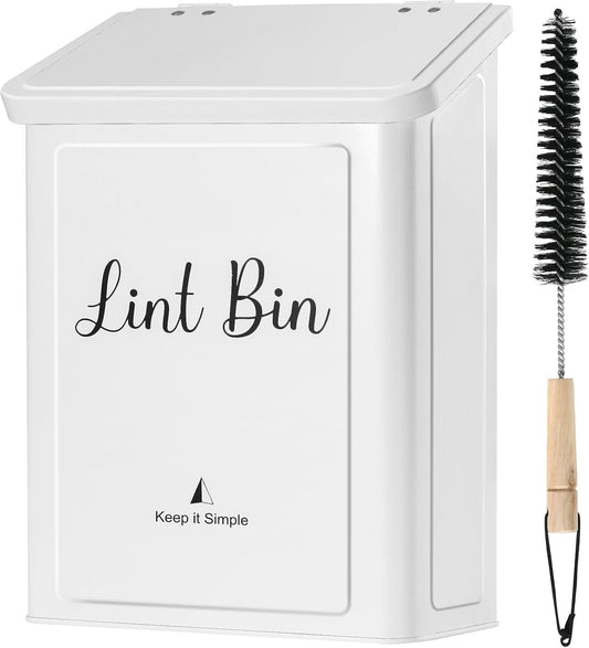 SUBEKYU Magnetic Lint Bin for Laundry Room, Wall Mounted Metal Lint Box Holder Trash Can with Lid for Dryer,Lint Basket for Laundry Room Organization,White