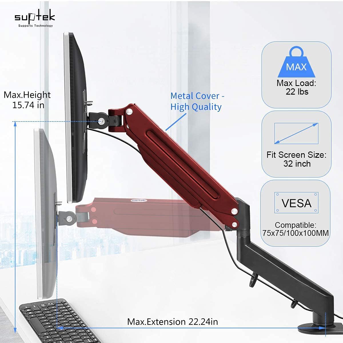 Suptek Monitor Mount Gas Spring Monitor Arm Desk Mount Fully Adjustable Fits 17 20 22 23 24 26 27 32 35 inch Monitors Weight Capacity up to 24.25 lbs