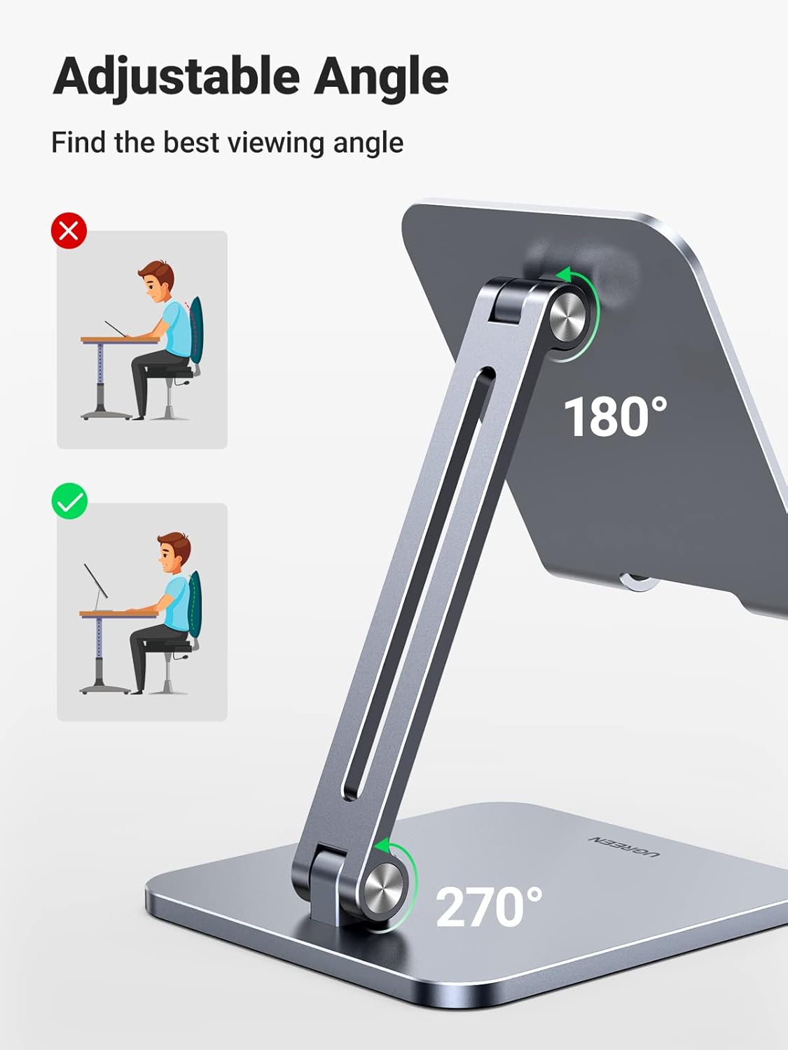 UGREEN Tablet Stand Compatible for iPad Desk Stand Holder Adjustable Aluminum Thicker Base Compatible with iPad Pro Air Mini 13 12.9 11 Inch Home Office Desk Accessories Grey
