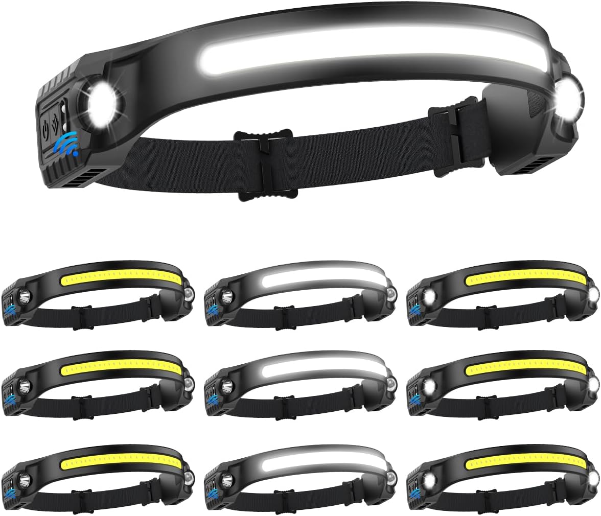 Headlamp Rechargeable 5Pack, 230° Wide Beam Head Lamp with 2 Spotlights, LED Headlamp with Motion Sensor, 5Mode Rechargeable Headlamp, Head Lights for Forehead, Headlamps for Adults Running Hard Hat