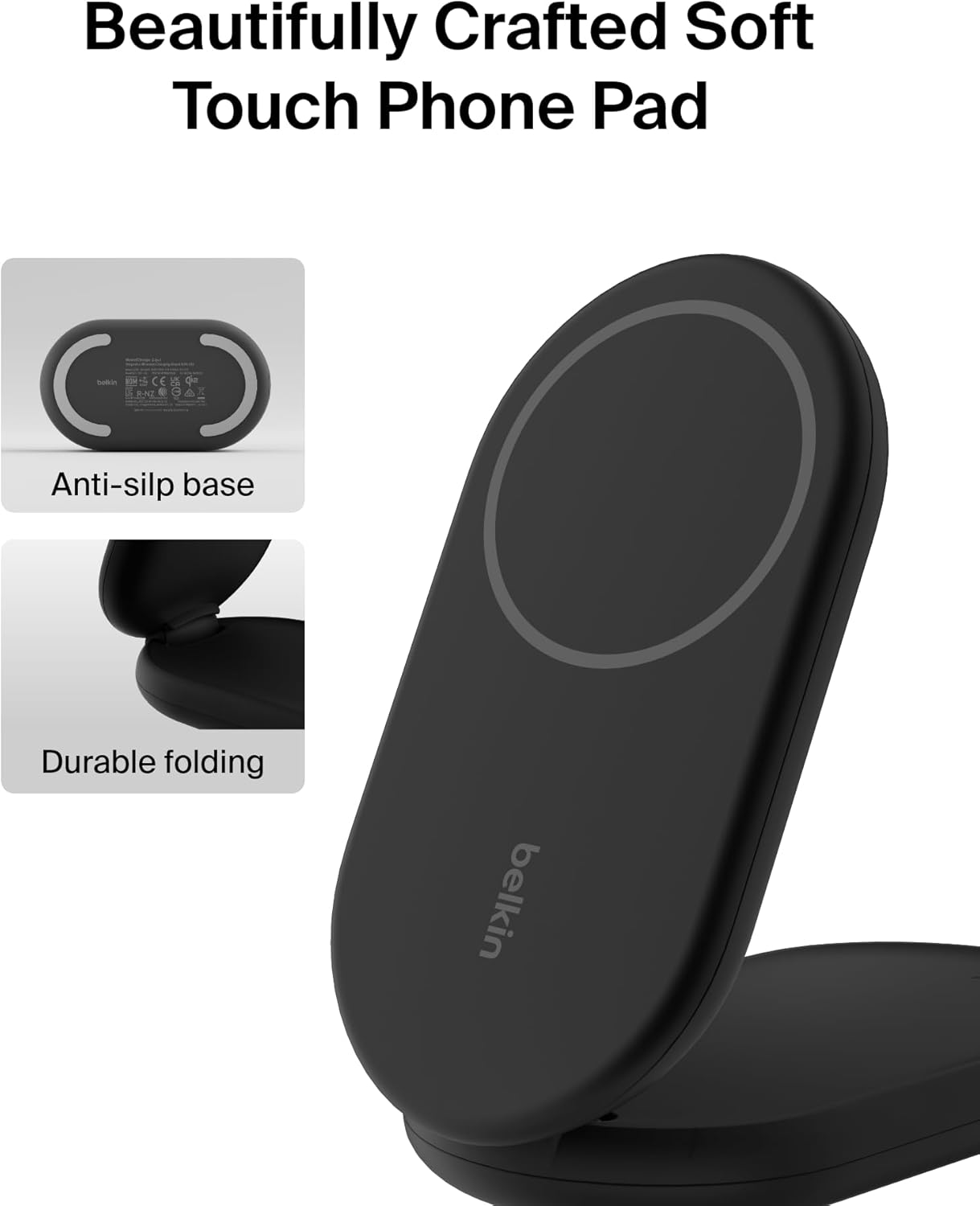 Belkin Qi2 15W Magnetic Wireless Charger, 2 in 1 Foldable, Non-Slip | MagSafe compatible, iPhone 16, Apple Watch, Samsung Galaxy S25 compatible, power adapter included