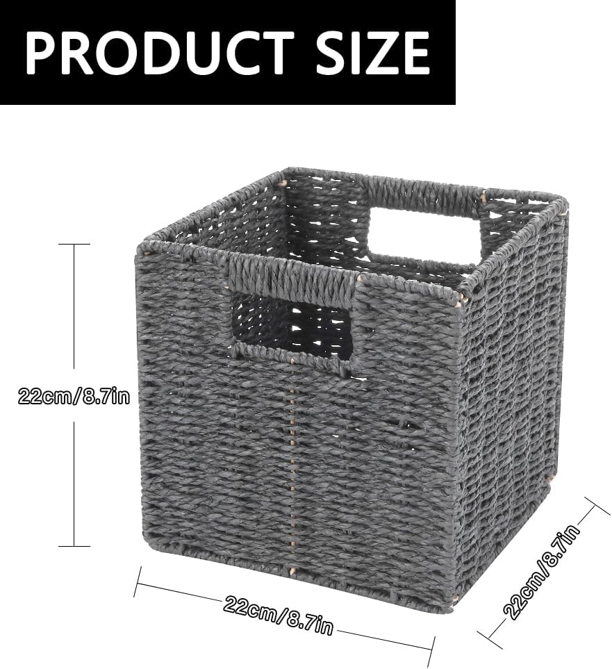 6 Pack 8.7 Inch Wicker Baskets, Paper Rope Storage Baskets | Foldable Cube Storage Bins Organizer Square Wicker Cubes for Shelves Pantry Organizing & Decor (Gray)