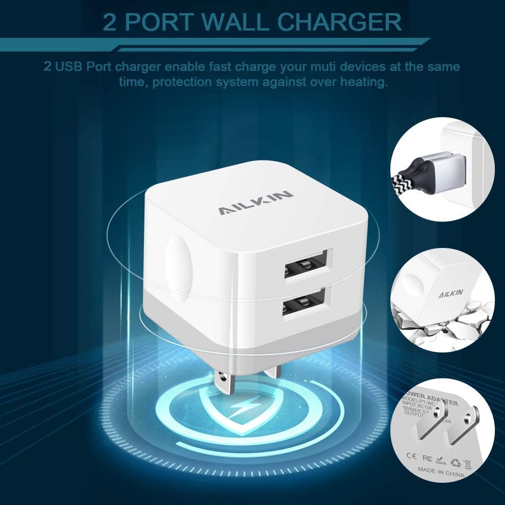 2Pack USB Wall Charger Plug, AILKIN 2.4A Dual Port USB Adapter Power Cube Fast Charging Station Box Base for iPhone 17 16 15 14 13 12 Pro Max SE 11 XR XS, Samsung, Phones Charge Block-White Brick