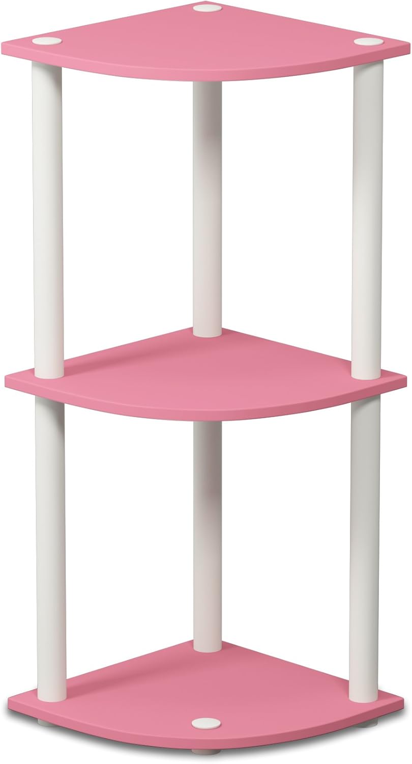 Furinno TURN-N-TUBE Corner Shelf, 3-Tier Corner Bookshelf, Display Storage Shelves with Open Shelves, for Organization and Storage, Living Room, Home Office, Garage, Pink