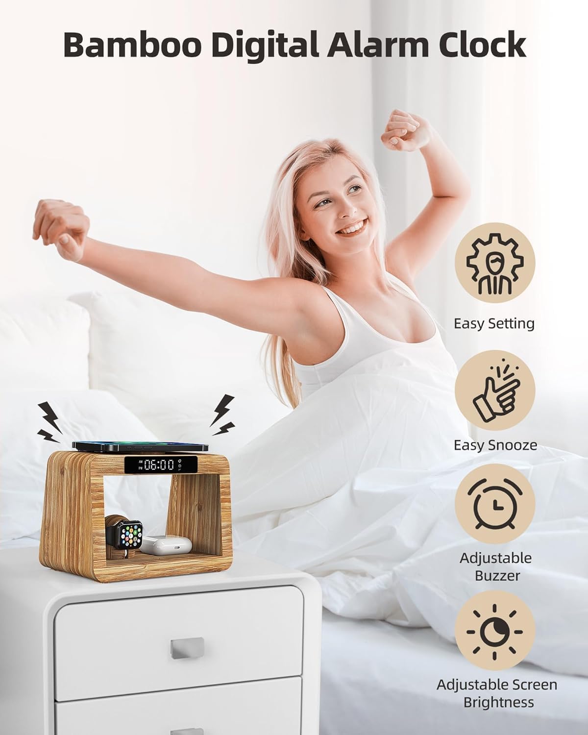 Bamboo Wireless Charging Station with Alarm Clock & Night Light, 3 in 1 Charging Station for iPhone 17/16/15/14/13/12/11 Pro Max/X/Xs, AirPods 4/3 & AirPods Pro 3/2/1/, Apple Watch Series