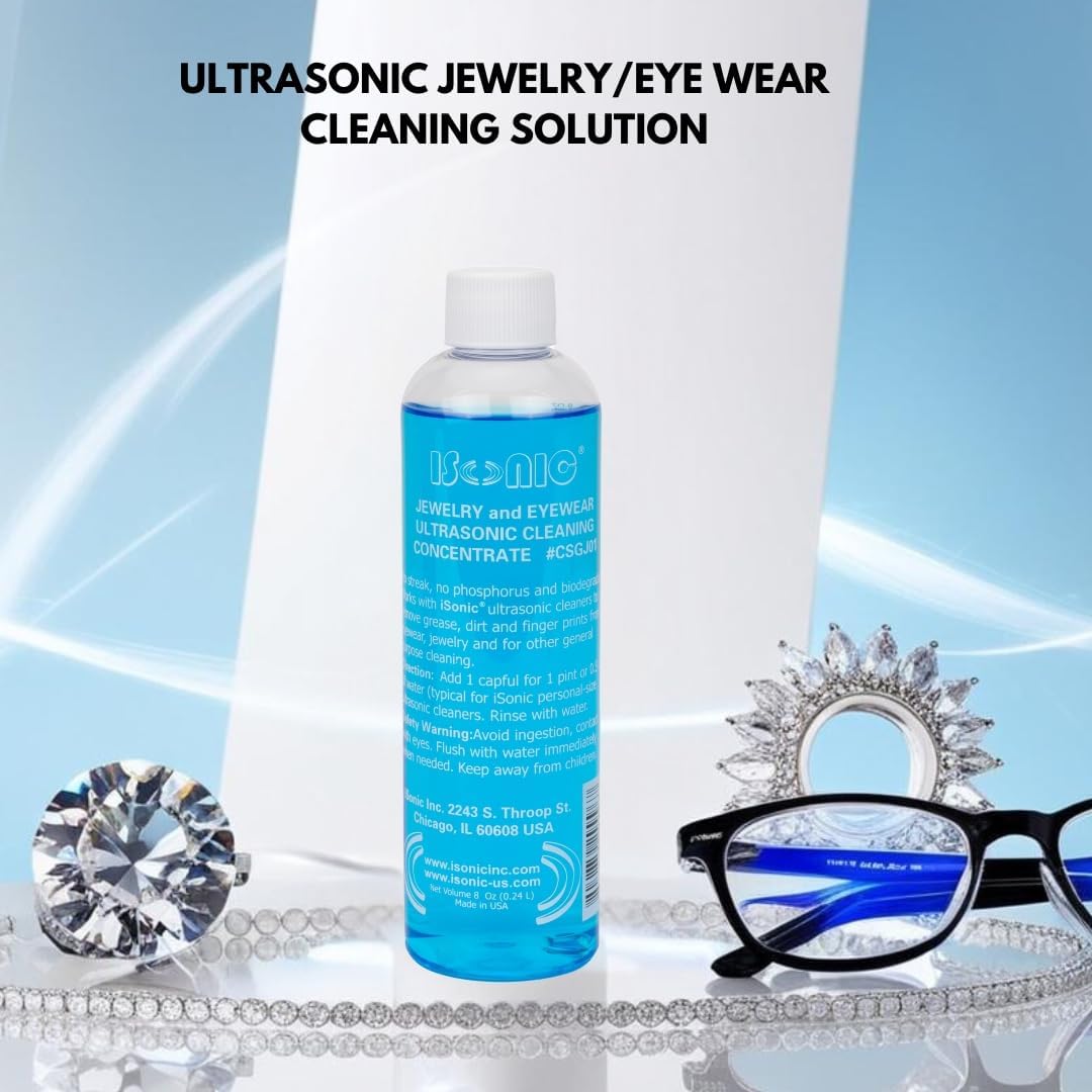 iSonic Ultrasonic Jewelry & Eyeglass Cleaner Solution Concentrate - Professional Cleaning Liquid for Ultrasonic Machine - Clean Gold, Silver, Diamond, Watch, Glasses, Eye Wear, 8-oz