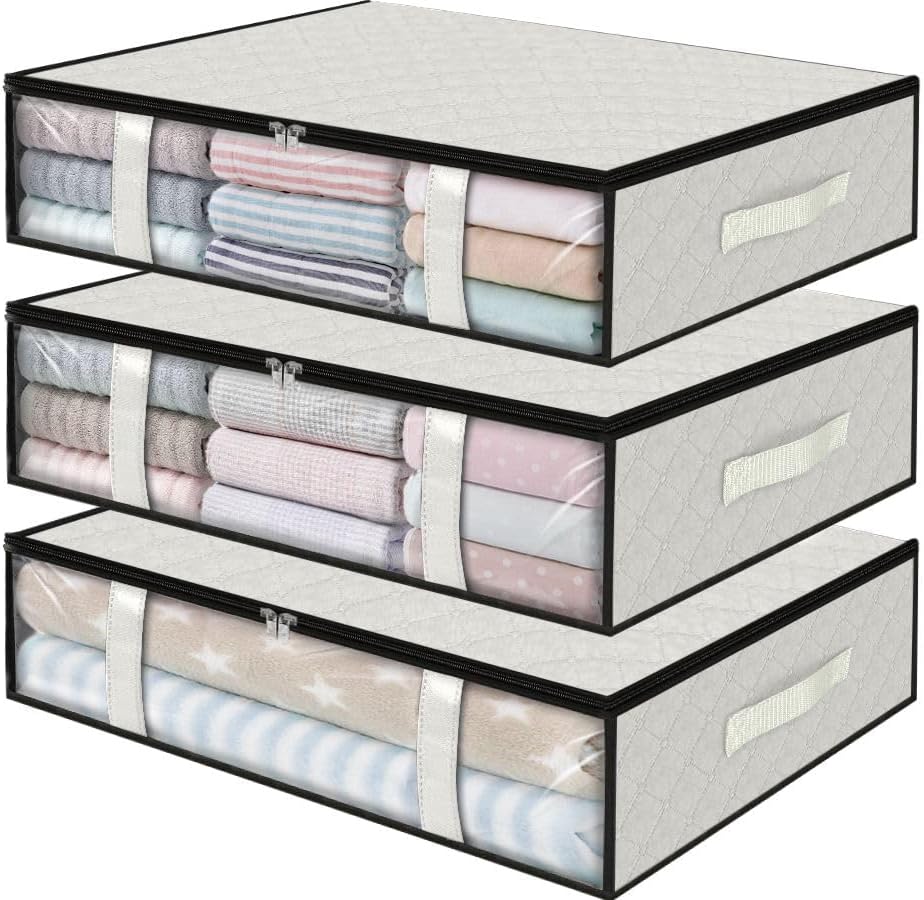 StorageRight Under Bed Storage Bags 3 Pack, 40L Large Clothes & Comforter Storage Containers with Clear Window, Breathable Fabric Organizer for Blankets, Bedding, Seasonal Clothing, White