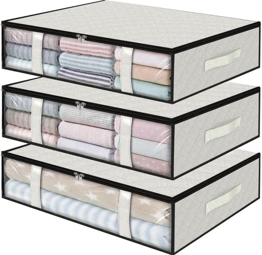 StorageRight Under Bed Storage Bags 3 Pack, 40L Large Clothes & Comforter Storage Containers with Clear Window, Breathable Fabric Organizer for Blankets, Bedding, Seasonal Clothing, White
