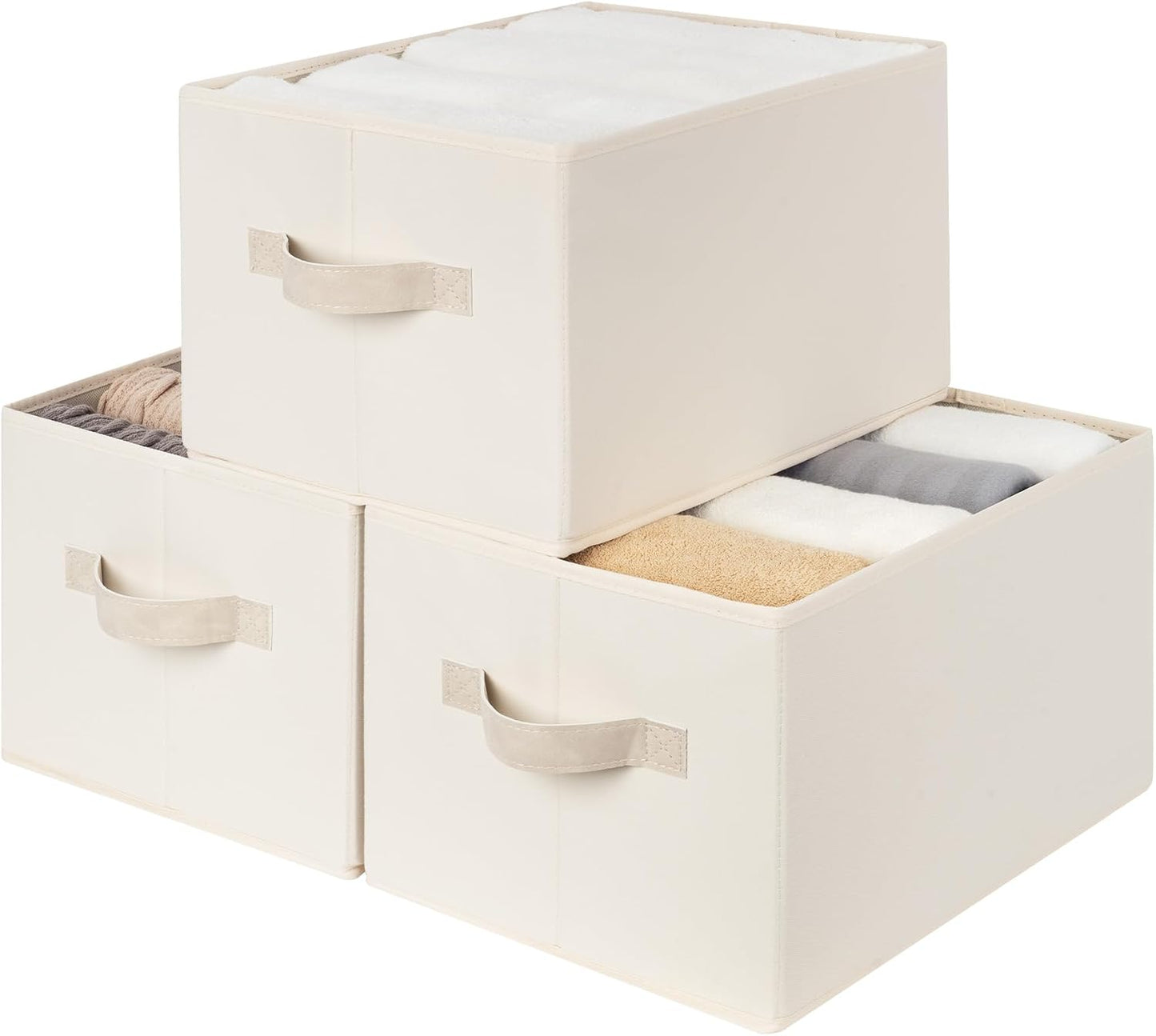StorageWorks Closet Storage Bins, Beige, 3-Pack, Large | Closet Organizers and Storage Bins, Fabric Storage Baskets for Shelves, Linen Closet Organizer for Clothes