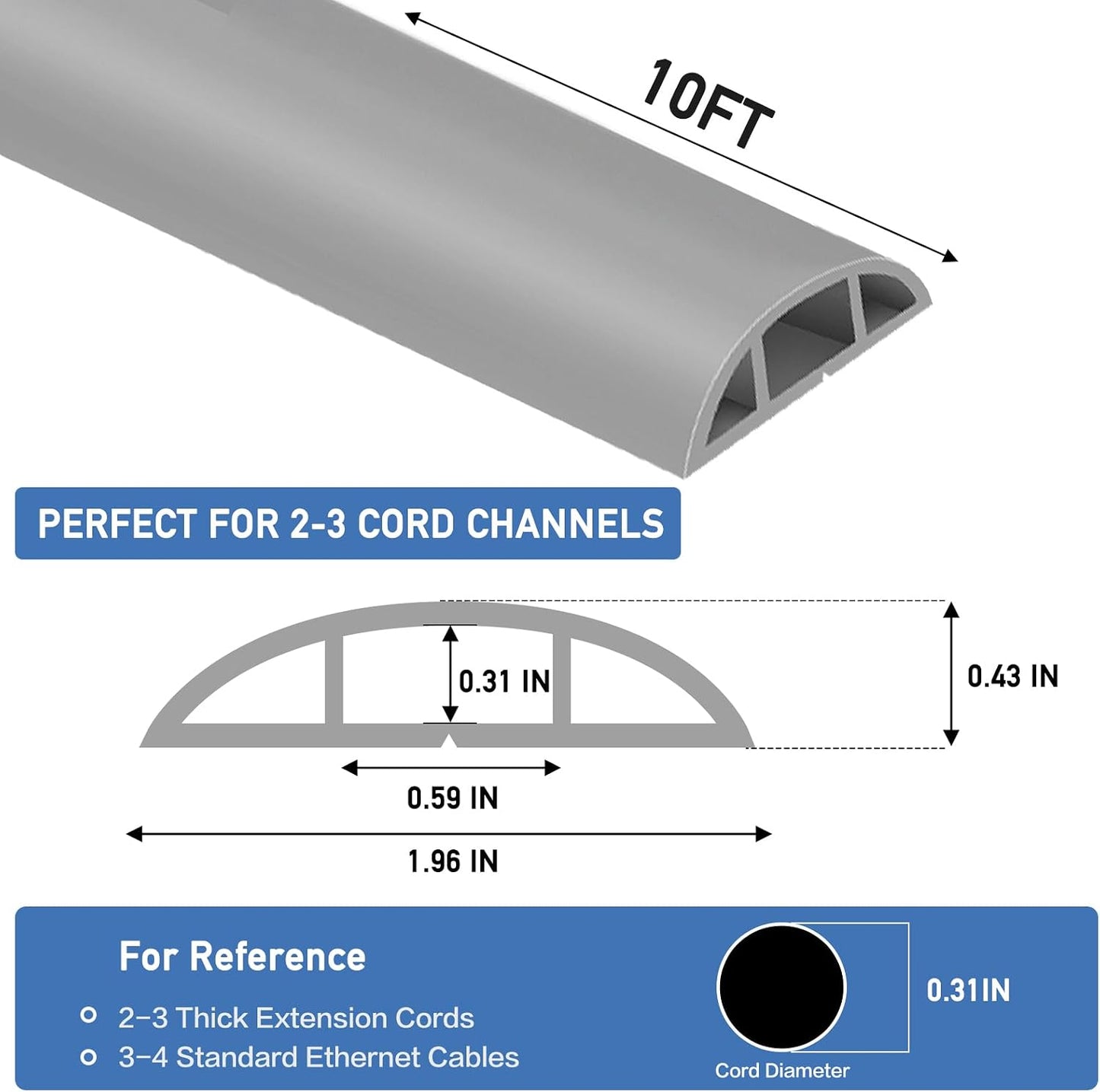 LSGCQ Floor Cord Cover Self Adhesive Cord Hider Floor Cable Management | Cord Covers for Wires on Floor Cable Cover, Prevent Cable Trips, Cable Cavity 0.59" W x 0.31" H, 10Ft, Grey
