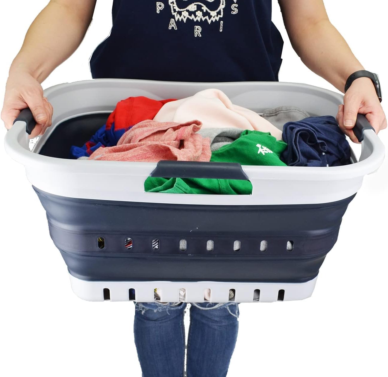 SAMMART 30L (8 gallon) Collapsible 3 Handled Plastic Laundry Basket - Foldable Pop Up Storage Container/Organizer - Portable Washing Tub - Space Saving Hamper/Basket (Grey/Slate Grey)