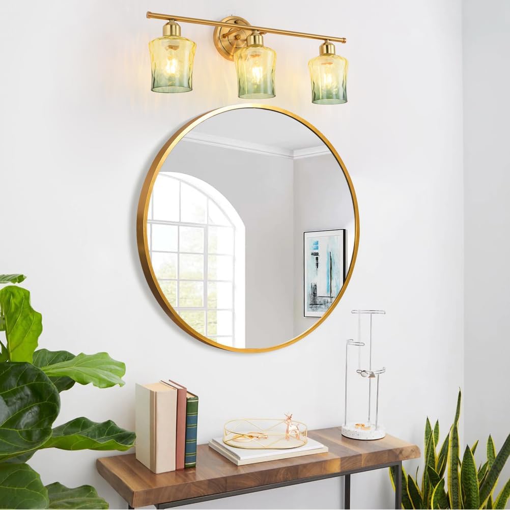 Modern 3-Light Glass Bathroom Light Over Mirror, Gold Vanity Light with Yellow Green Gradient Glass Shade, E26 Bathroom Vanity Light, for Kitchen, Hallway, Cabinet, Bedroom, Living Room