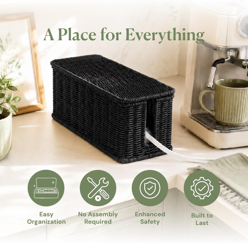 Cable Management Box, Handmade Rattan Cord Organizer for Power Strip | Open Slots Cord Hider for Power Strip, Router & USB Hub, Registered U.S. Design Patent