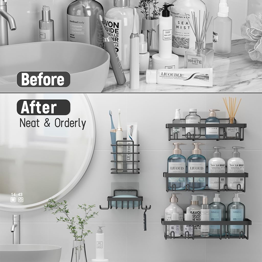 Liuoud 5 Pack Shower Caddy Organizer Rack Shelf for Inside Shower, Self Adhesive Bathroom Wall Storage Basket Rustproof Stainless Steel Large Capacity Shampoo Holder, Dark Grey