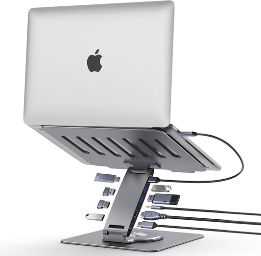 Laptop Docking Station Stand Dual Display 4K HDMI USB3.0 3.5mm Audio Jack 9-IN-1 360° Swivel Laptop Stand for Desk with USB-C Hub Multiport Adapter Universal for MacBook Pro/Air/Dell/HP/Surface/Lenovo