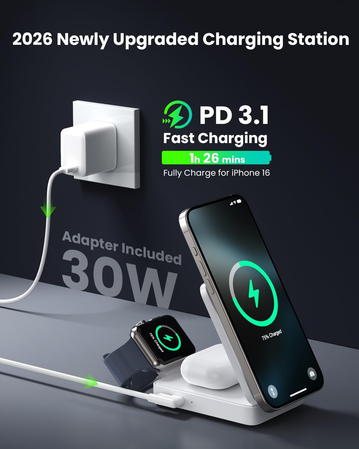 3 in 1 Wireless Charger Charging Station for iPhone,Travel Foldable Magnetic 15W Fast Wireless Charger Stand for Mag-Safe with 30W USB C Adapter for iPhone 17/16/15/14/13/12,Apple Watch,AirPods