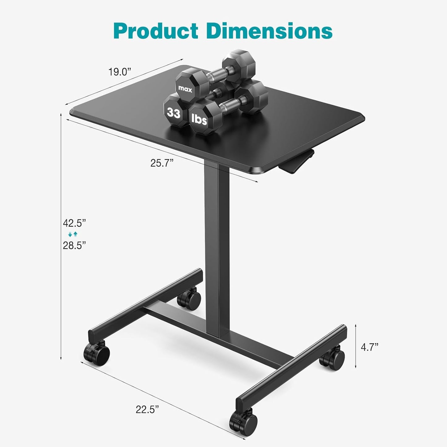 DUMOS Small Standing Desk Mobile Portable Rolling Laptop PC Table on Wheels Adjustable Height Computer Workstation for Home Office, Space Saving Desk for Bedroom Study Use, 19 Inch, Black