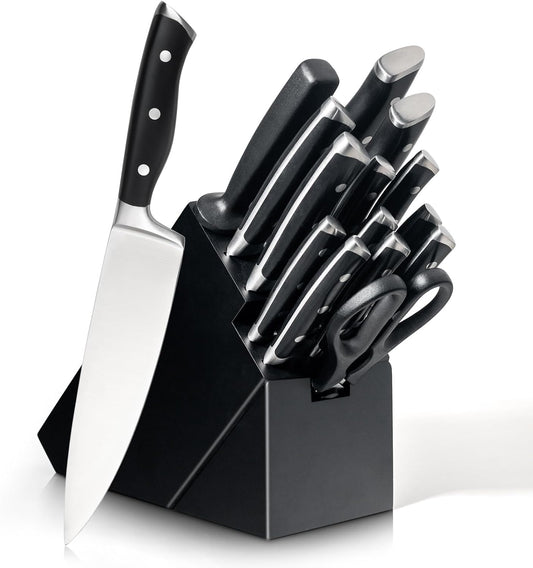 Alata 15-Piece Knife Set with Black Block, Razor-Sharp,Kitchen Knife Set, Forged Triple Rivet Stainless Steel Knife Block Set