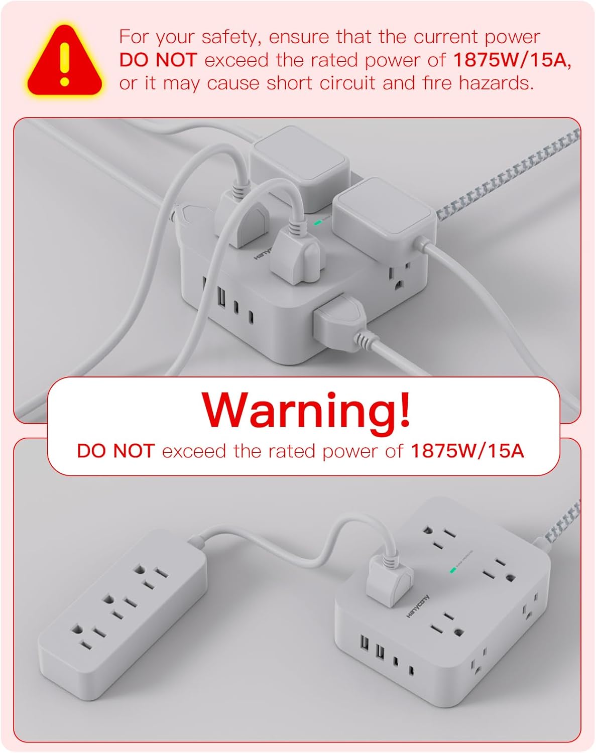 10 Ft Surge Protector Power Strip, HANYCONY Extension Cord with 8 AC Outlets 4 USB (2 USB C) Ports, Flat Plug, Wall Mount Desk USB Charging Station for Home