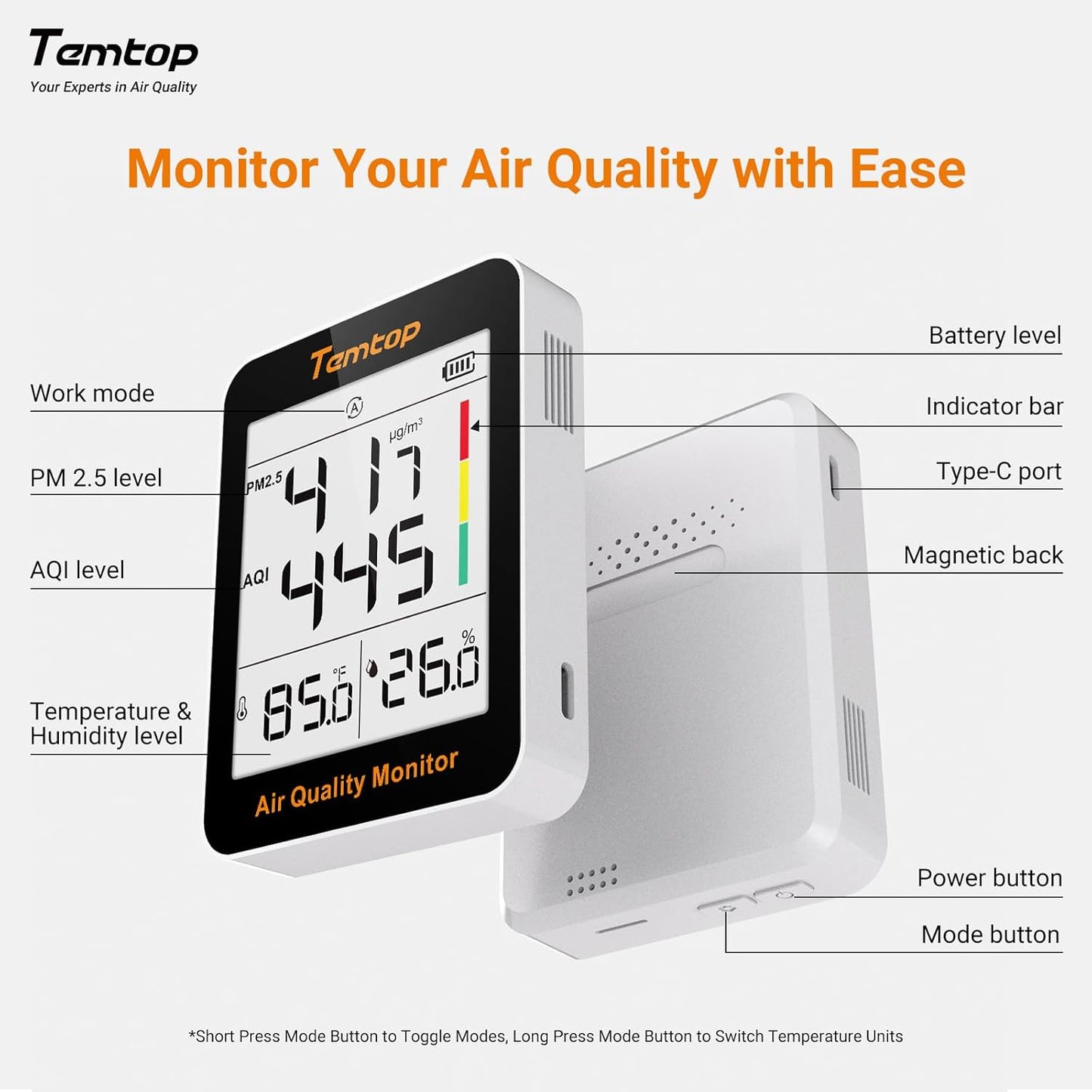 Temtop Air Quality Monitor with Indoor Thermometer & Thermo-Hygrometer – PM2.5, AQI, Temperature and Humidity Meter for Home, Office, Nursery, School, 60-Day Battery Life