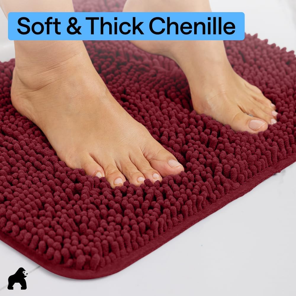 GORILLA GRIP Bath Rug Mat, Thick Soft Absorbent Chenille, Quick Dry Microfiber Mats, Rubber Backing Washable Shower Floor Rugs, US Designed Bathroom Bathmat Home Decor Accessories, 24x17, Burgundy