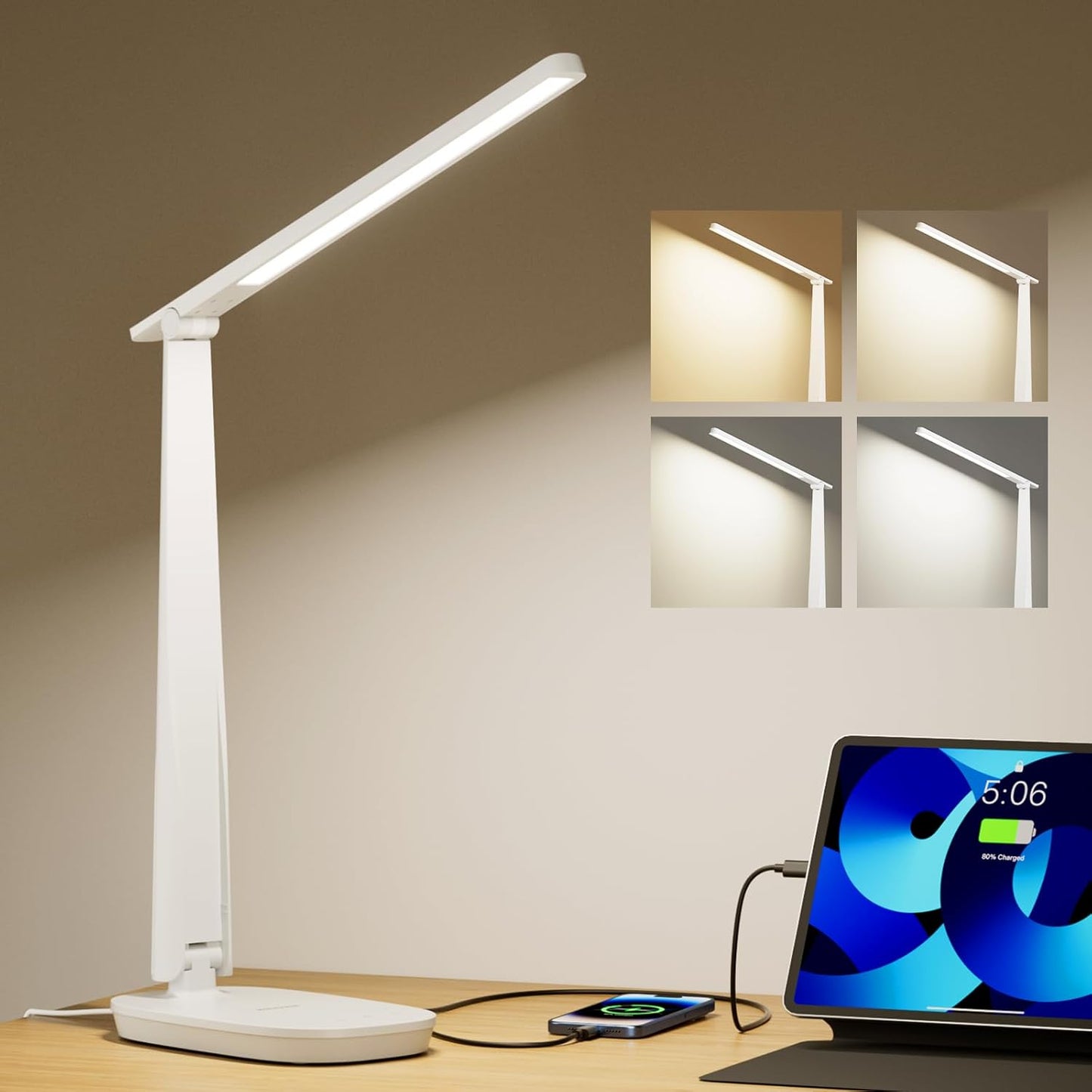 Honeywell LED Desk Lamp for Home Office, Eye-Caring Dimmable Reading Light with 4 Color Modes, Touch Control, USB-A & USB-C Charging Ports, Adjustable Head, Timer for Bedroom & Small Desks