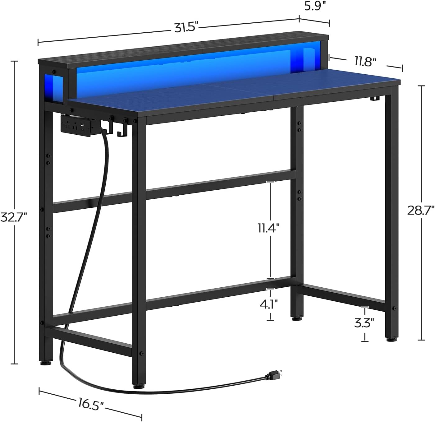 YATINEY Small Computer Desk with Charging Station and LED Lights, Gaming Desk with Monitor Stand, 2-Tier Home Office Desk with 4 Side Hooks, for Living Room, Home Office, Black DN01UDBBY2