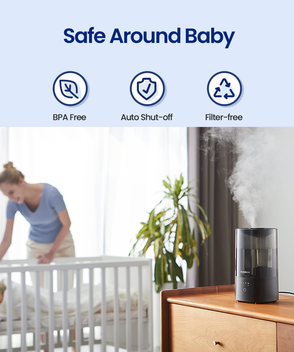 ROSEKM Humidifiers for Bedroom, 2.0L Cool Mist Humidifier for Home Plant and Baby Nursery, Quiet Ultrasonic Humidifier with 360° Nozzle, Auto Shut-Off, Filterless, Black