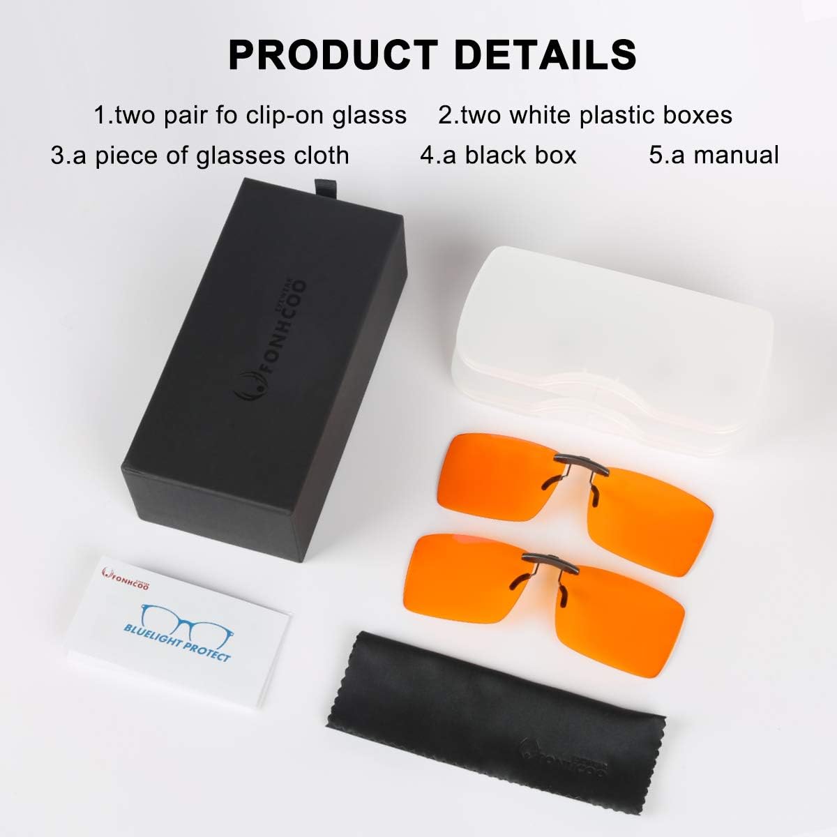 FONHCOO Clip-on Blue Light Blocking Glasses Womens Mens 2 Pack over Prescription Glasses Framless Lens Computer Gamer Eyeglasses