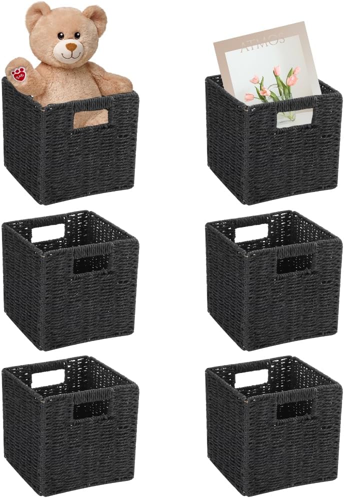 6 Pack 8.7 Inch Wicker Baskets | Hand Paper Rope Storage Baskets，Foldable Cube Storage Bins Organizer Square Wicker Cubes for Shelves (Black)