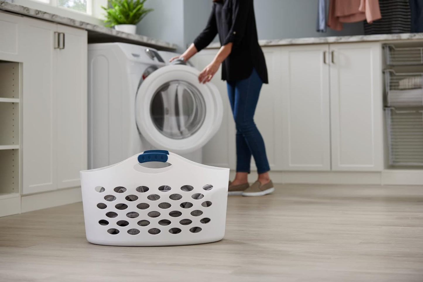 Rubbermaid 1.5 Bushel Capacity Durable Versatile Flex N Carry Portable Flexible Laundry Basket With Convenient Carrying Handles, White, Organization and Storage for Laundry/Garage/Home