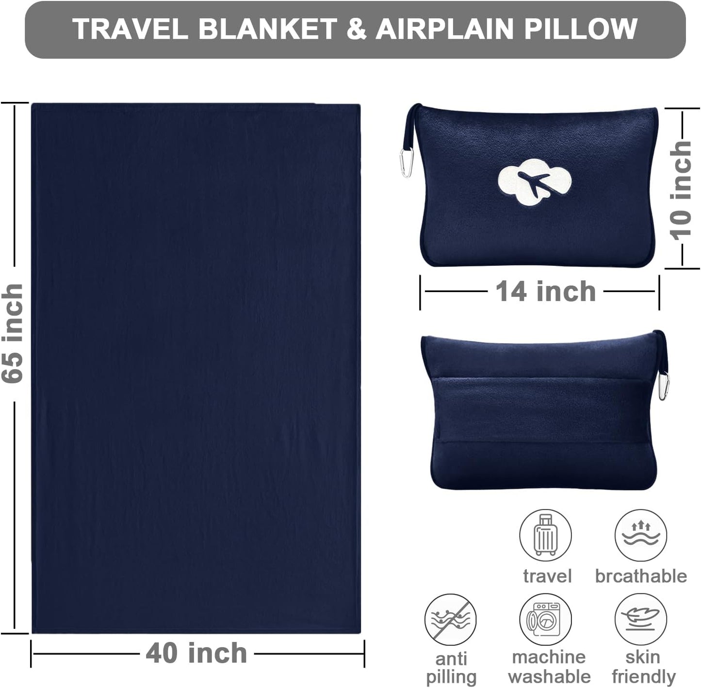 Travel Blanket and Pillow Compact, Premium Soft 2 in 1 Airplane Blanket with Soft Bag Pillowcase，Hand Luggage Sleeve and Backpack Clip (Navy)