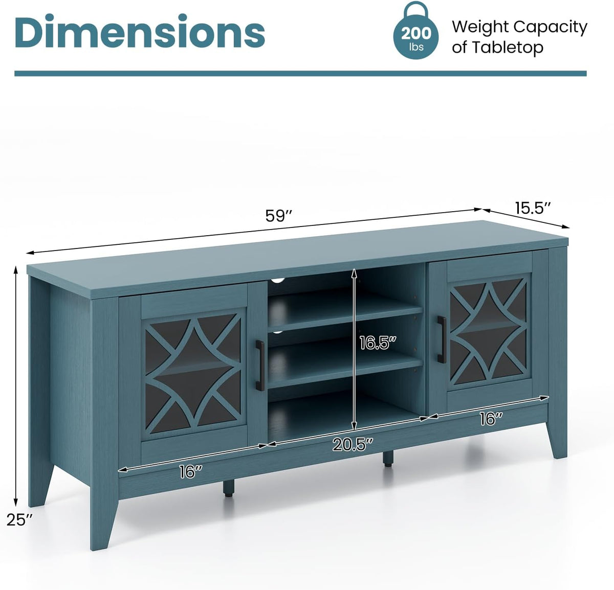 Tangkula Farmhouse TV Stand for TVs Up to 65-in, Classic Media Entertainment Center w/Glass Door Cabinets & 4 Adjustable Shelves, Modern TV Console Table w/ 3 Cable Holes for Living Room (Teal Blue)