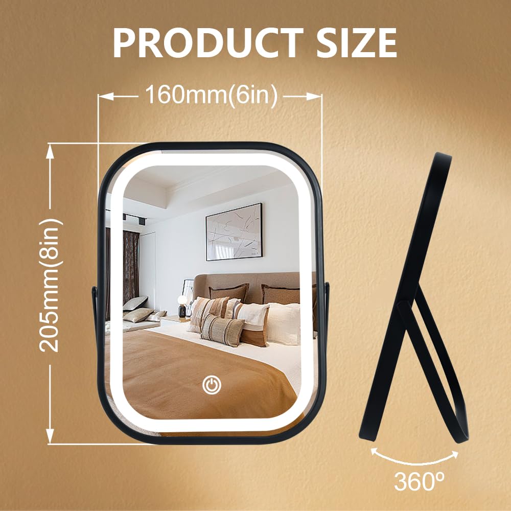 YEKKOPT Travel Mirror with Lights, Small LED Makeup Mirror with Lights,Portable Desk Mirror 1200mAh Battery,3 Color Modes,Dimmable Touch Screen, Tabletop Folding Compact Mirror,Women Gift