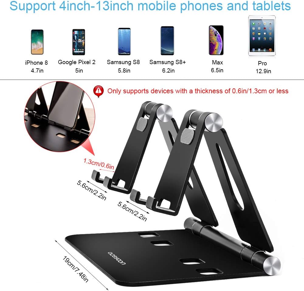 aceyoon Adjustable Tablet Stand, iPad/Cell Phone Holder for Desk, Aluminum Alloy Stand Holder for 2 Phones or a Tablet/Kindle, Sturdy Dual Stands, Foldable and Portable, Black